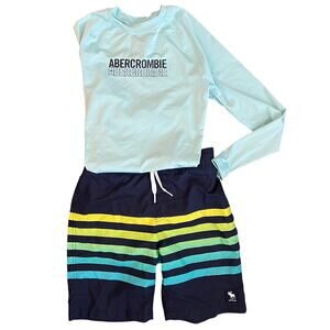 Abercrombie Kids 9/10 Swim Rashguard Board Shorts Stripe Aqua‎ Summer Beach